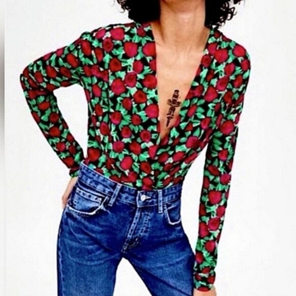 Zara Floral Vneck Bodysuit Top Long Sleeve Plunging Wrap Rose Print Size Medium - Picture 1 of 12